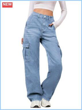 High Waisted Wide Leg Cargo Jeans Stretchy Denim Pants